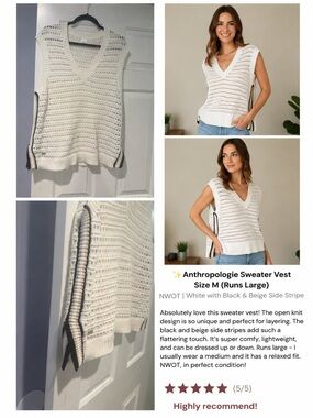Anthropologie White Open-Knit Sweater Vest with Black & Beige Side Stripes